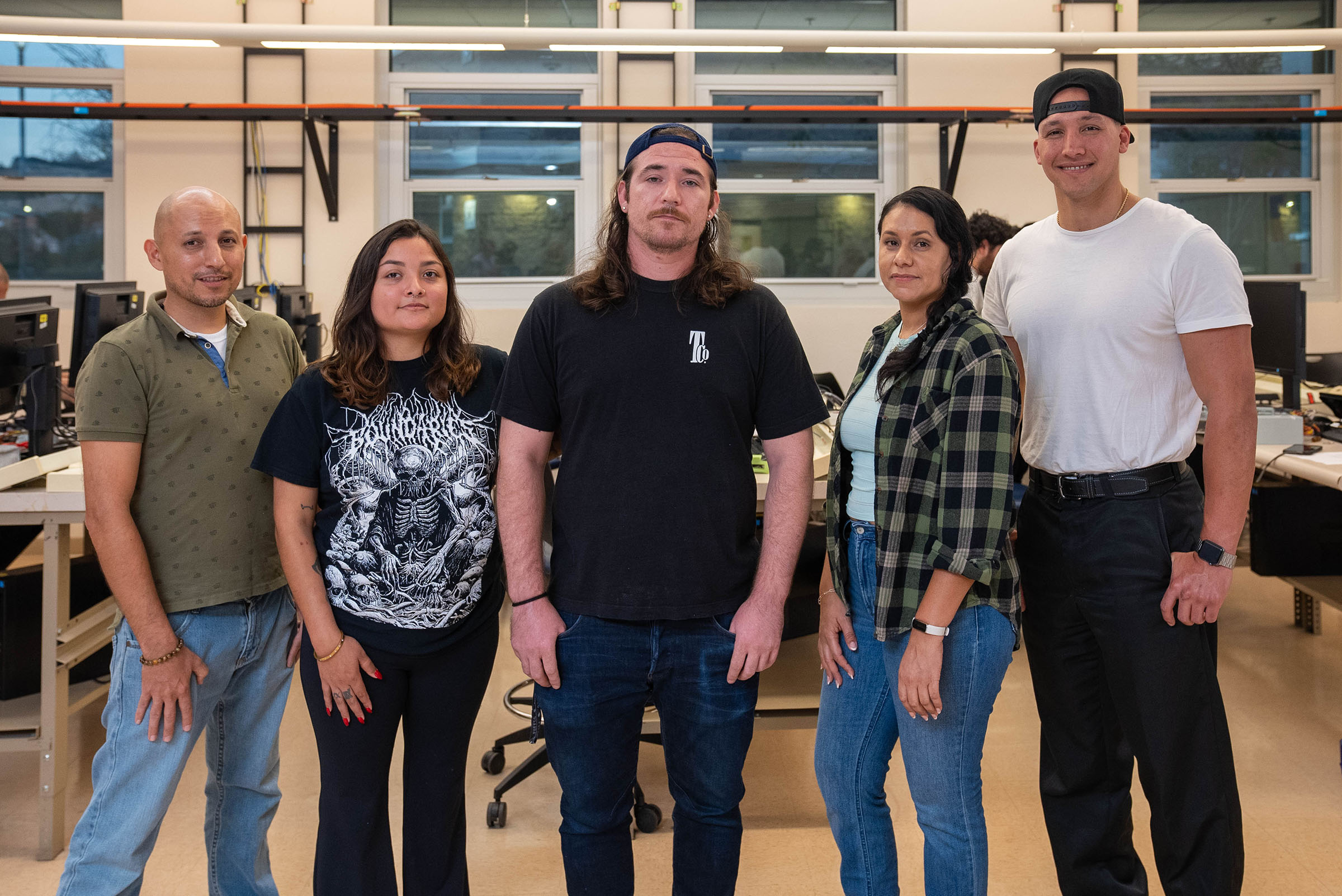 Five students in a computer lab