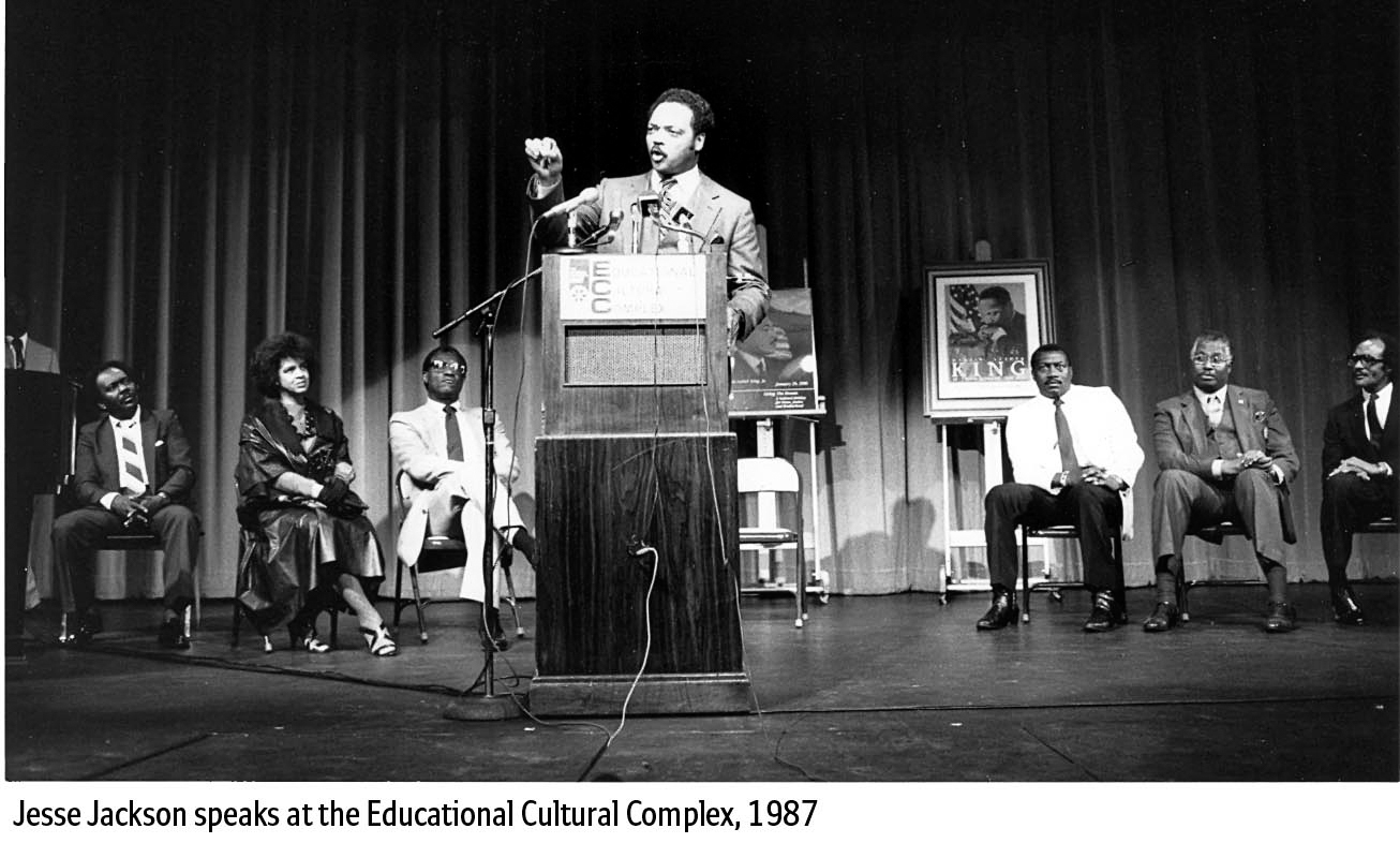 Jesse Jackson speaking at the Educational Cultural Complex