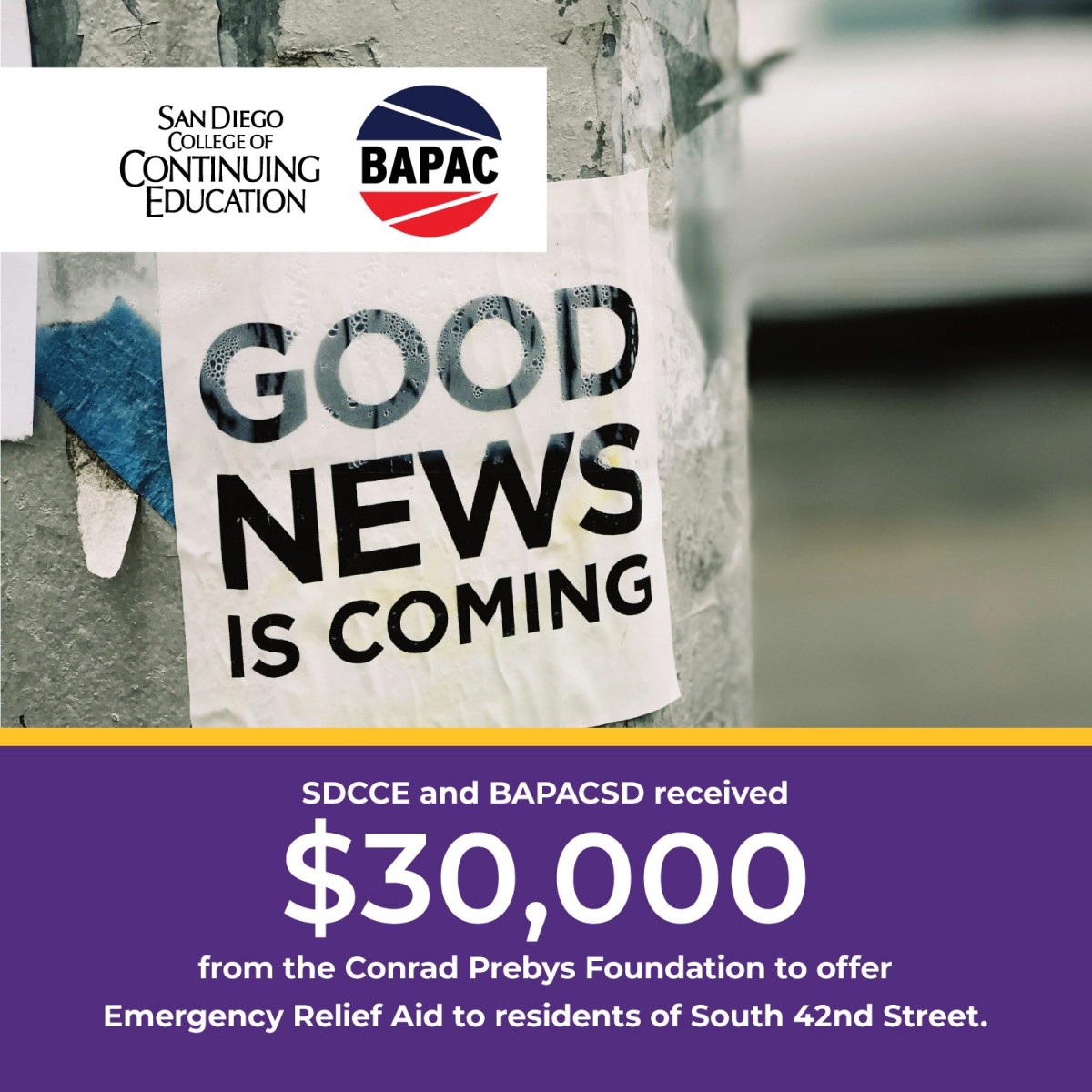 San Diego College of Continuing Education and The San Diego Black American Policy Foundation to Offer $30,000 in Emergency Relief Aid to Residents of South 42nd Street 