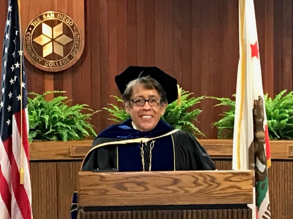 SDCCD Chancellor Constance M. Carroll congratulates the class of 2020 during her commencement remarks, which were recorded on May 29 at the District Office. Graduates will be highlighted during four virtual ceremonies on July 17.